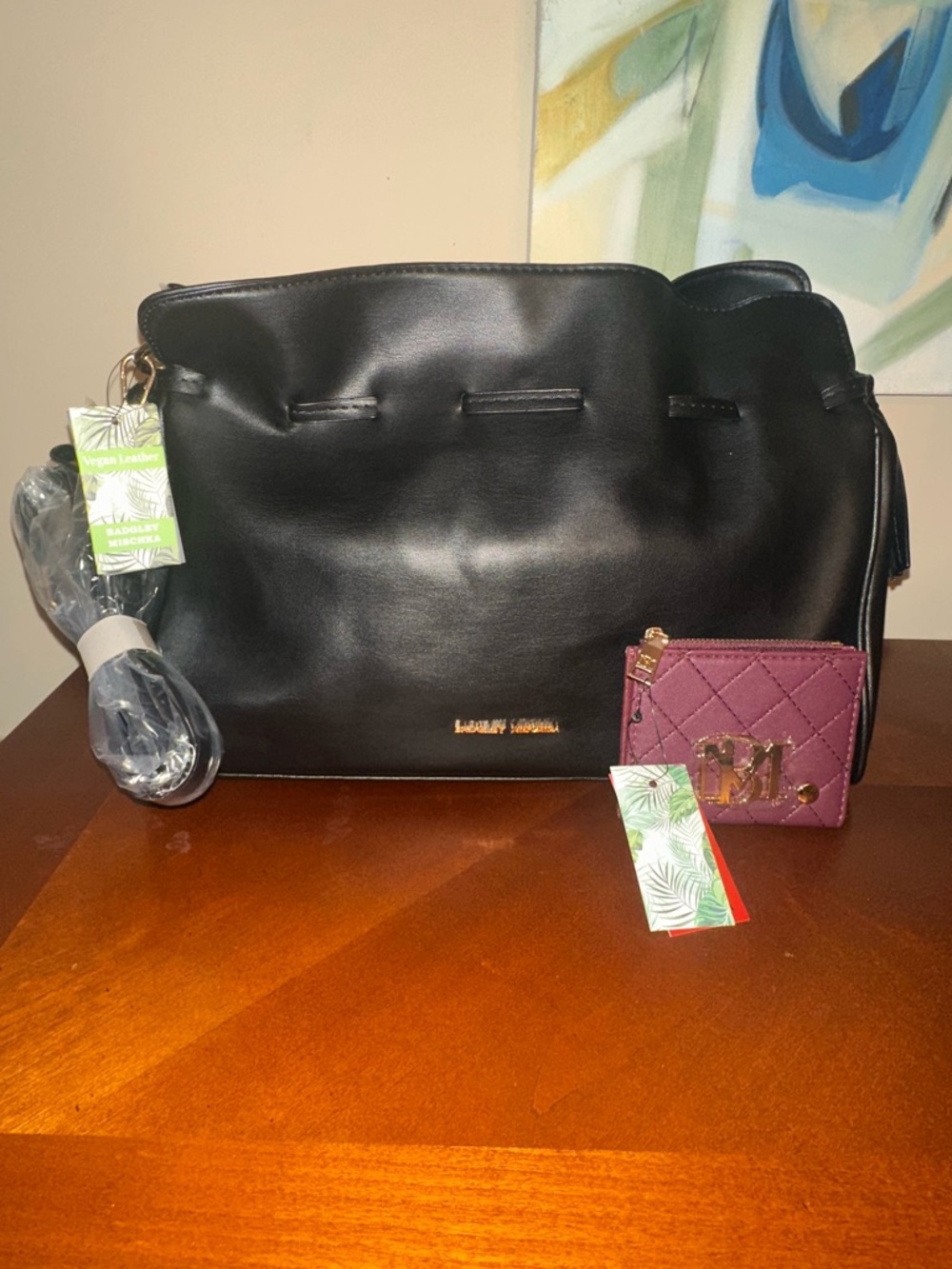 Badgley Mischka Black Crossbody Bag with Burgundy Quilted Wallet💗